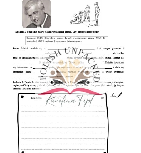 Karta pracy, notka biograficzna Ferenc Molnar, recenzja Chłopcy z Placu Broni (+ odpowiedzi), lektura obowiązkowa klasa 5