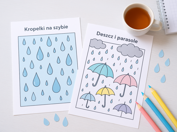 Kropelki na szybie – karta pracy do rysowania po śladzie