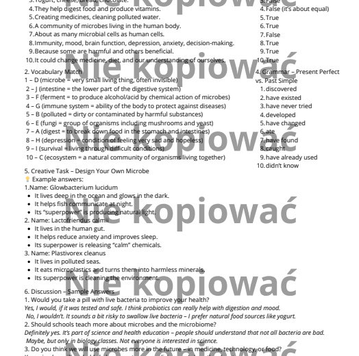 Karta pracy - czytanka "The Secret Life of Microbes" B2 + ćw. Present Perfect v. Past Simple