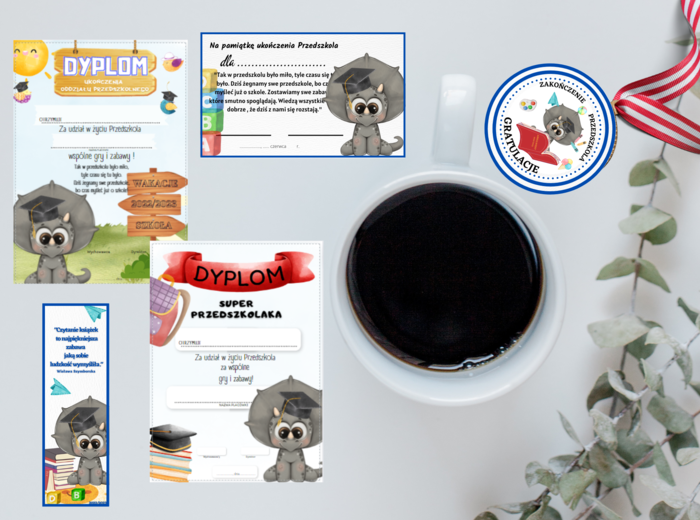 Pakiet dyplomów na zakończenie z różnymi postaciami