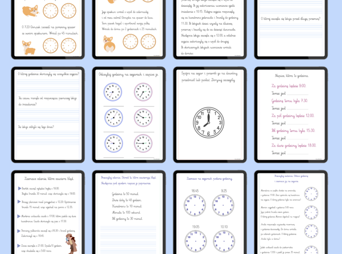 🕒 ZEGAR – odczytywanie godzin | karty pracy, wklejki i gry dydaktyczne | aż 65 stron!
