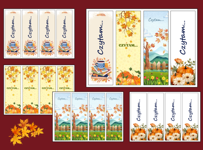 🍁 „Czytam…” – JESIENNE zakładki do książek – 🍂zakładka – biblioteka – jesień – wersja 2
