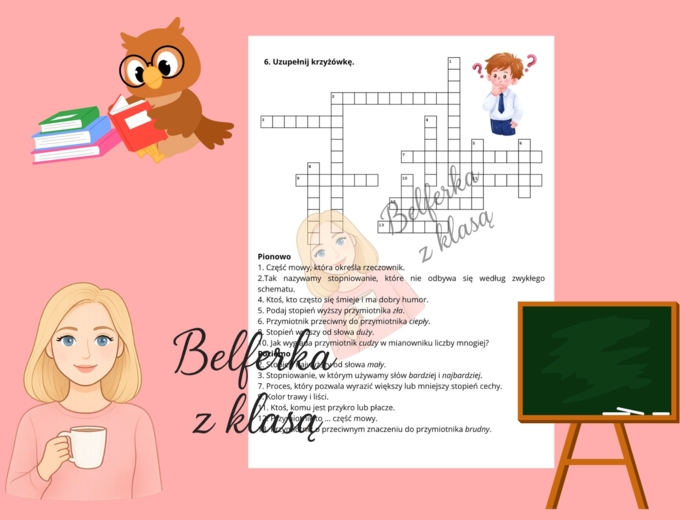 Krzyżówka lub kartkówka z przymiotnika i jego stopniowania, język polski w szkole podstawowej