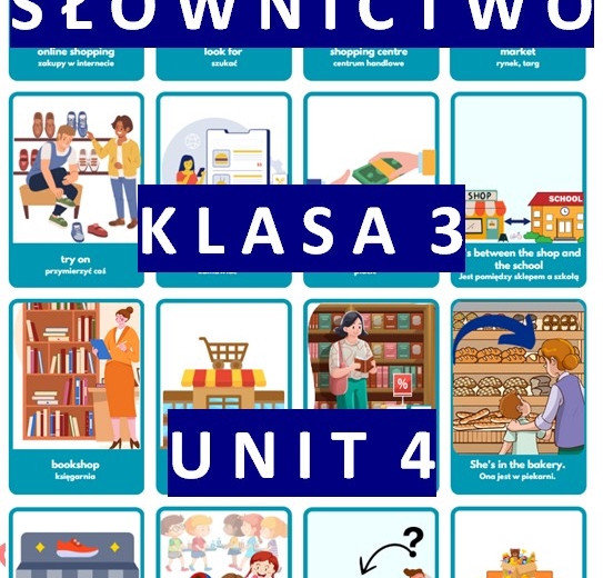 Słownictwo z języka angielskiego w formie kolorowych fiszek Unit 4 Let’s go shopping! klasa 3