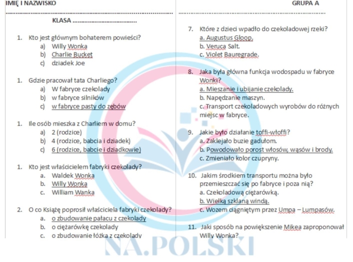 Kartkówka z treści "Charlie i fabryka czekolady"