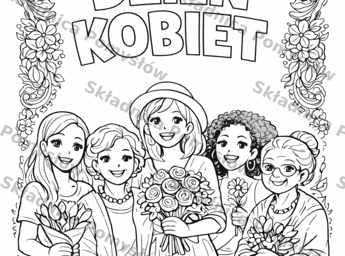 DZIEŃ KOBIET – kolorowanka do druku XXL (6 stron A4) + miniatura A4; dekoracja; gazetka