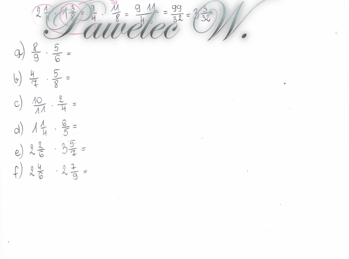 Mnożenie ułamków zwykłych - plakat z wyjaśnieniem i przykładami