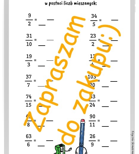 Zamiana ułamków niewłaściwych na liczby mieszane - karta pracy lub kartkówka z rozwiązaniem.
