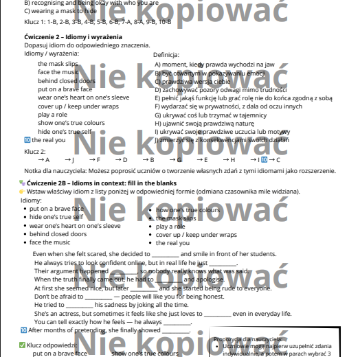 Karta pracy z czytanką "The Secret Behind the Mask" słownictwo: emocje i osobowość B1
