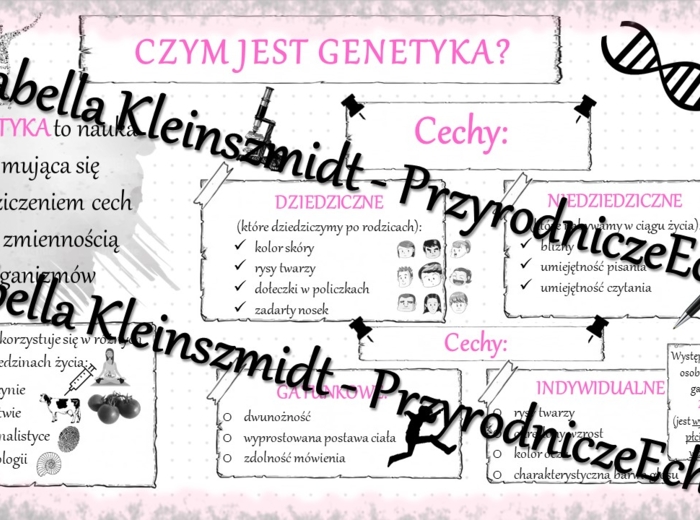 Sketchnotka - notatka „Czym jest genetyka?” wykonana w power point do edycji. Biologia 8; „GENETYKA”