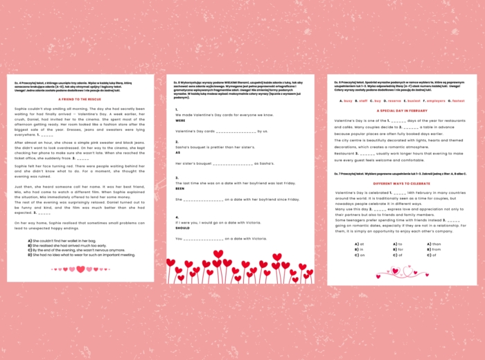 VALENTINE'S DAY:  Egzamin Ósmoklasisty z języka angielskiego na Walentynki  | Arkusz E8 + Answer Key | Poziom A2-B1