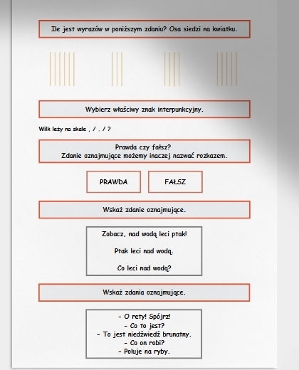 Zdania oznajmujące. Karta pracy. Sprawdzian