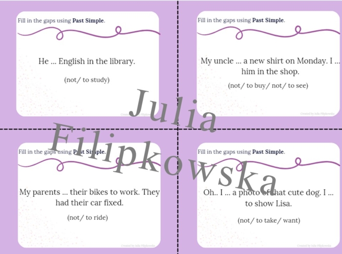 Past Simple/ Karty do mówienia/ Mówienie/ Speaking/ Konwersacje/ Klasy 4-8/ Klasy 4-6/ Klasy 6-8/ SP/ Warm-up/ Rozgrzewka/ Speaking cards/ Gramatyka/ Grammar/ Speaking cards grammar/ Grammar cards/ E8