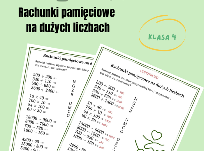 Rachunki pamięciowe na dużych liczbach, karta pracy z hasłem, klasa 4, Dzień Tolerancji