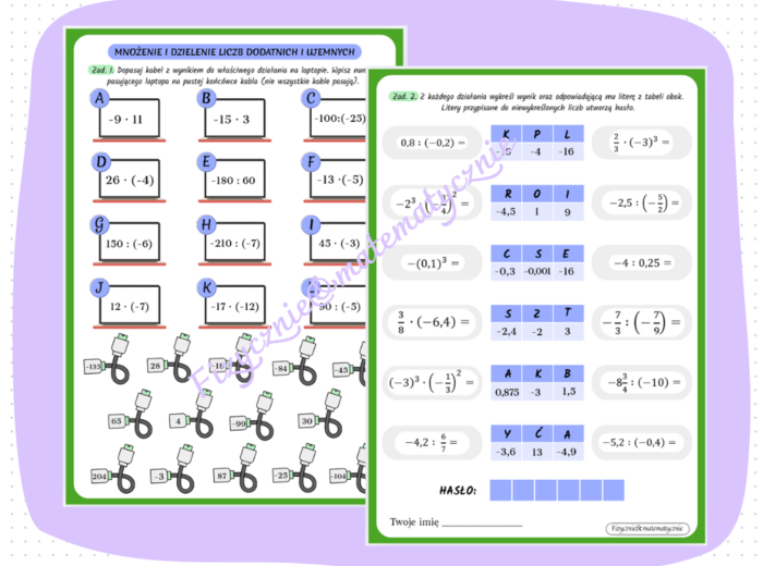 Karta pracy lub kartkówka - mnożenie i dzielenie liczb dodatnich i ujemnych.