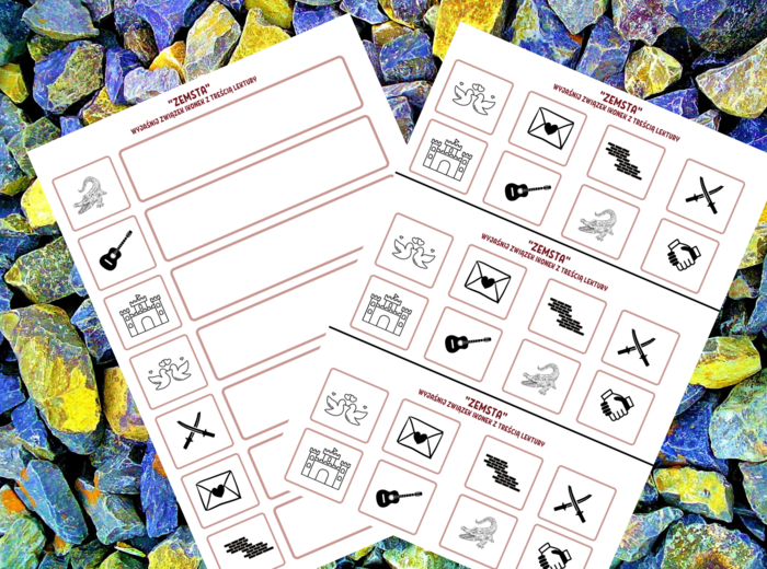 "ZEMSTA" – ikonki – wklejki – karta pracy – lektury 7-8