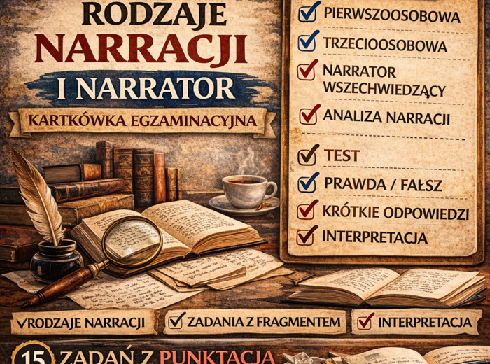 📚 Rodzaje narracji i narrator – kartkówka egzaminacyjna | powtórka przed egzaminem ósmoklasisty (15 zadań)