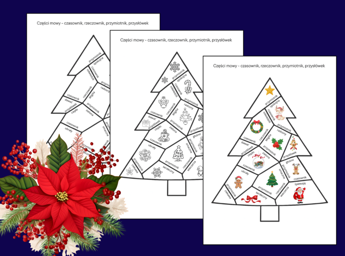 🎄 Świąteczne puzzle – choinka: CZĘŚCI MOWY  (czasownik, rzeczownik, przymiotnik, przysłówek) 🎄