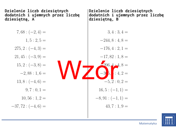 Dzielenie liczb dziesiętnych dodatnich i ujemnych przez liczbę dziesiętną | matematyka | 26 kolumn