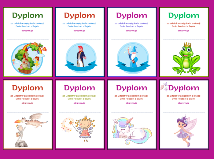 DZIEŃ POSTACI Z BAJEK – dyplomy – 17 wersji – biblioteka – świetlica - przedszkole
