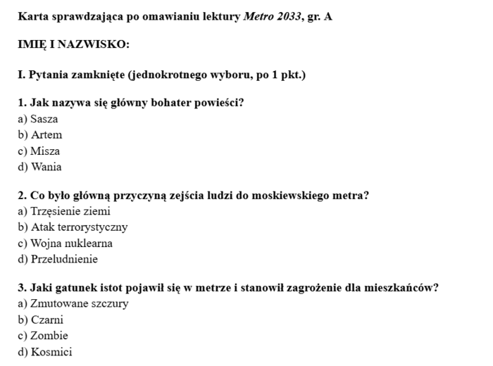 Matro 2033 - sprawdzian po omawianiu