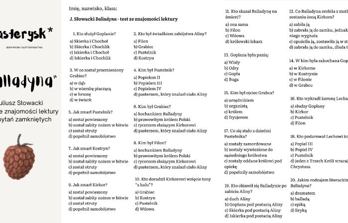 Juliusz Słowacki "Balladyna" - test z treści lektury