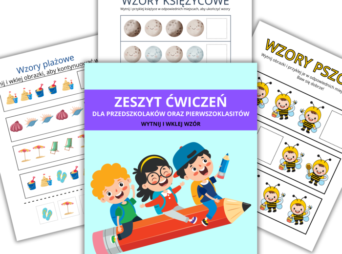 Zeszyt ćwiczeń -wytnij i wklej wzór. 20 stron ćwiczeń dla przedszkolaków i Pierwszoklasistów.