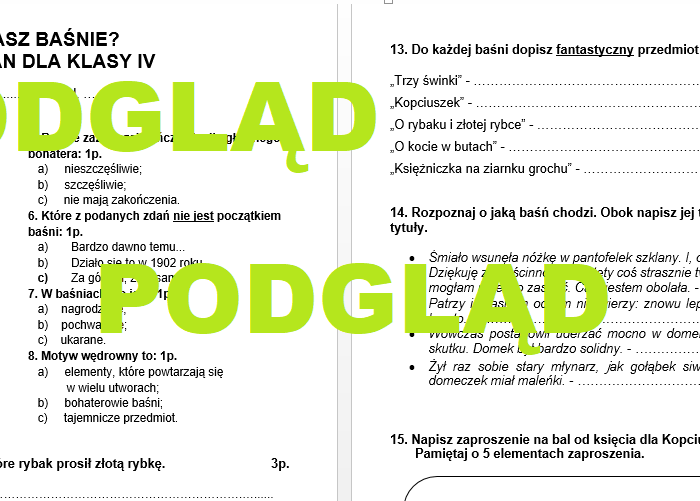Baśnie - sprawdzian dla klasy 4