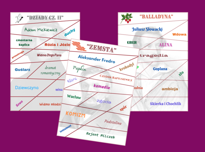 DRAMAT - lektury z kl. 7-8 - "Balladyna", "Dziady cz. II" i "Zemsta" - puzzle - układanka - powtórka