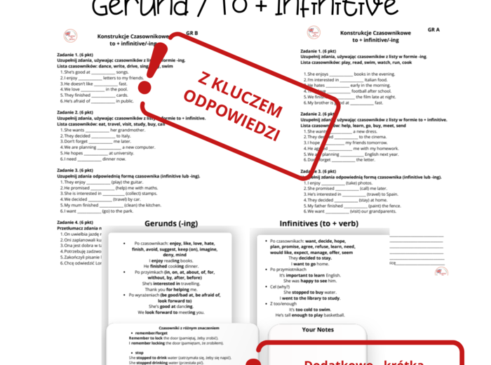 Konstrukcje czasowników Gerund / To + Infinitive - poziom A2/B1 - kartkówka lub dodatkowe ćwiczenia. Zestaw z KLUCZEM