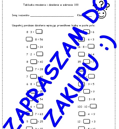 Tabliczka mnożenia i dzielenie w zakresie 100 - karta pracy lub kartkówka z 30 działaniami. Klasy 3-8 SP.