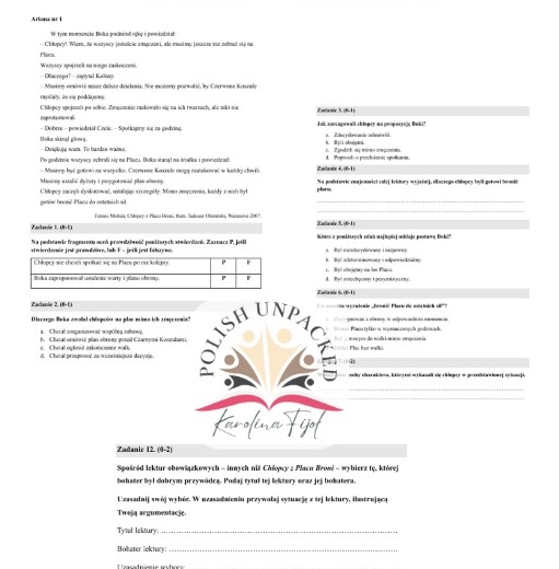 Zestaw 3 arkuszy egzaminacyjnych czytanie ze zrozumieniem "Chłopcy z Placu Broni" Ferenc Molnar, egzamin ósmoklasisty -20%