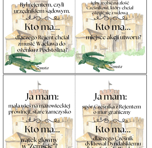 Karty Ja mam, Kto ma? Zemsta A. Fredry, egzamin ósmoklasisty