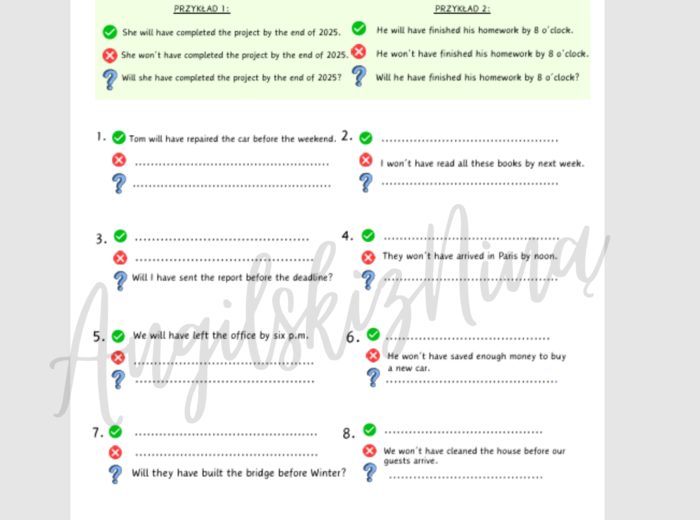Future Perfect – czas przyszły – przekształcanie zdań – ćwiczenia – zdania twierdzące – przeczenia – pytania – karta pracy – matura rozszerzona