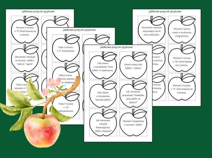 🍎 Jabłkowe potyczki językowe 🍏 - Dzień Jabłka - ortografia - nauka o języku - jesień - fiszki - gra - 66 zadań