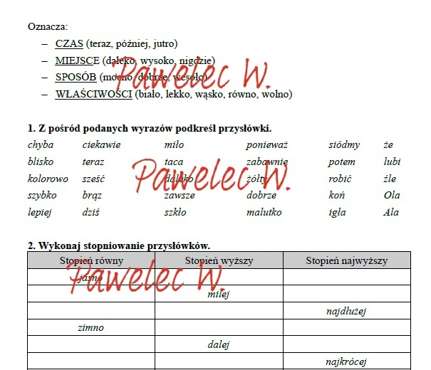 PRZYSŁÓWEK stopniowanie - karta pracy, sprawdzian, kartkówka - kl. 5