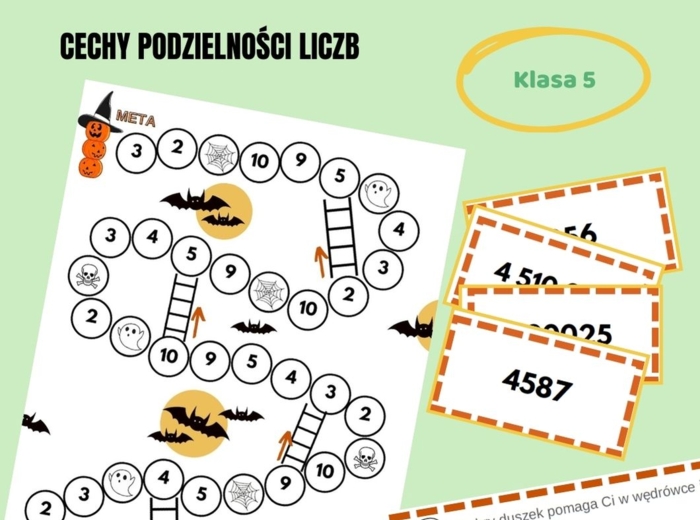 Cechy podzielności liczb, klasa 5, gra planszowa, halloween, egzamin ósmoklasisty