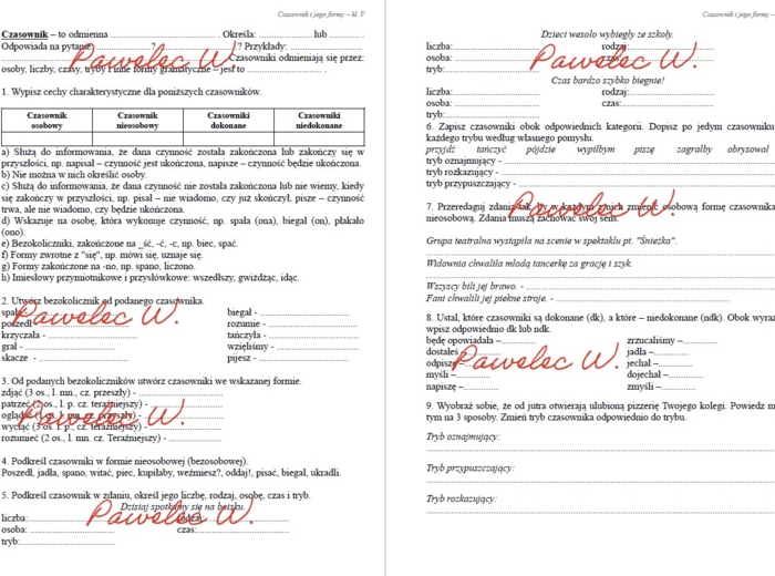 CZASOWNIK i jego formy - sprawdzian, karta pracy, kl. 5 bezokolicznik + odpowiedzi