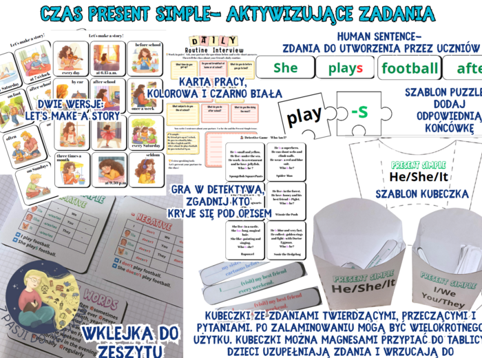 Aktywizujące zadnia na lekcję, czas Present Simple dla klas 4-8 szkoły podstawowej.