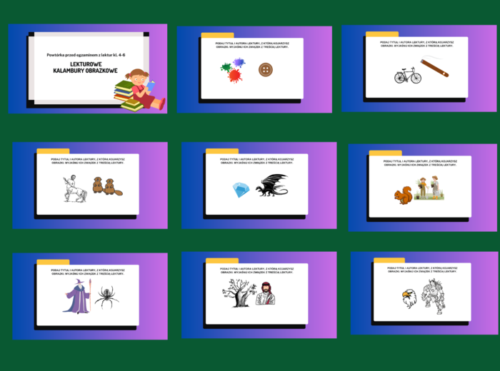 LEKTUROWE KALAMBURY OBRAZKOWE – prezentacja – 44 slajdy – lektury kl. 4-6 – powtórzenie