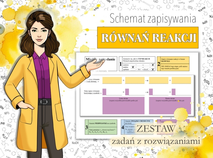 Klasa 7. Chemia. Zapisywanie równań reakcji chemicznych. Równania reakcji. ZESTAW. Karta pracy. Zadanie. Ćwiczenia. Stacje zadaniowe. Praca na lekcji.