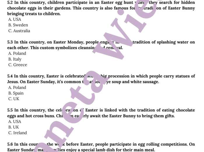 WIELKANOCNA KARTA PRACY- EASTER WORKSHEET_KLASY 4-8: SŁOWNICTWO WIELKANOCNE, ZWYCZJE POLSKIE I BRTYJSKIE, QUIZ O ZWYCZAJACH WIELKANOCNYCH NA ŚWIECIE + ODPOWIEDZI