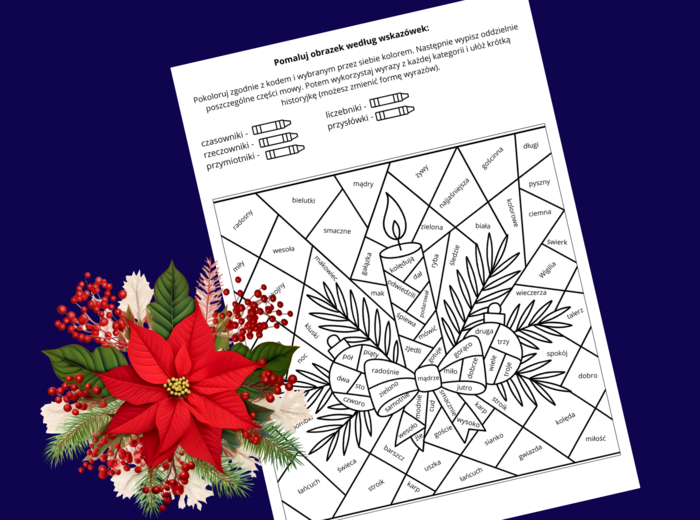 CZĘŚCI MOWY - Kolorowanka ze stroikiem bożonarodzeniowym – edukacyjna i świąteczna! Boże Narodzenie - GRAMATYKA - nauka o języku - klasy 4-8