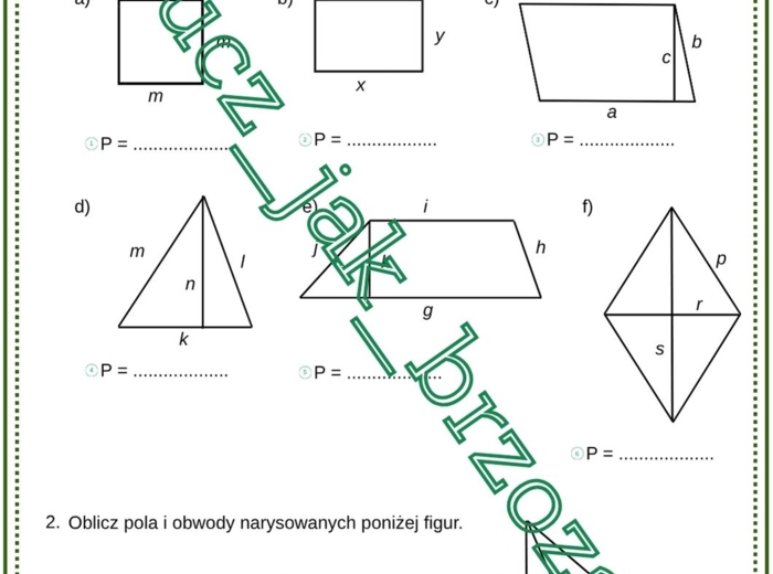 Pola i obwody figur, karta pracy z hasłem, klasa 5, praca w klasie, edukacja domowa