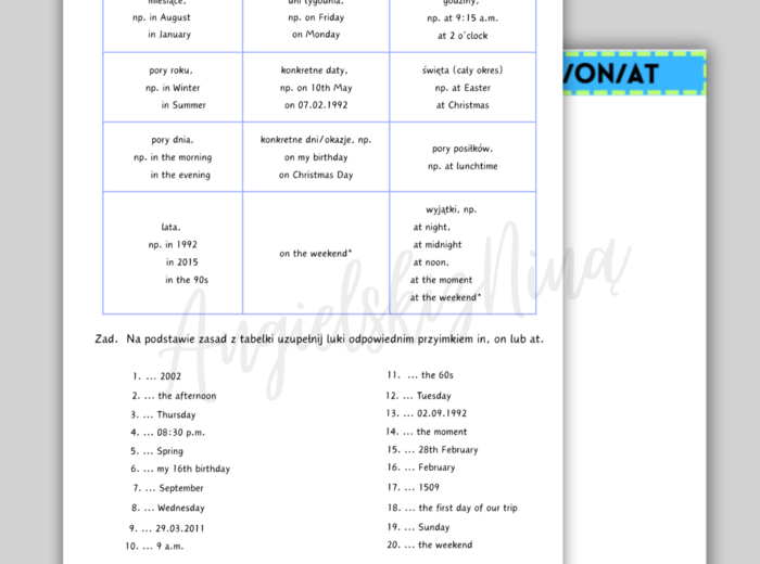 IN / ON / AT - przyimki czasu - prepositions of time - karta pracy - ćwiczenia - angielski - A2 / B1 + gra na Wordwall