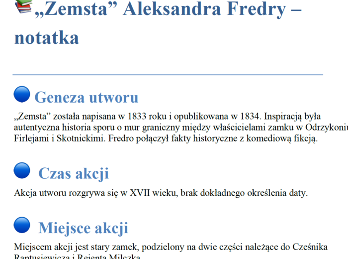 Notatka "Zemsta" A. Fredro