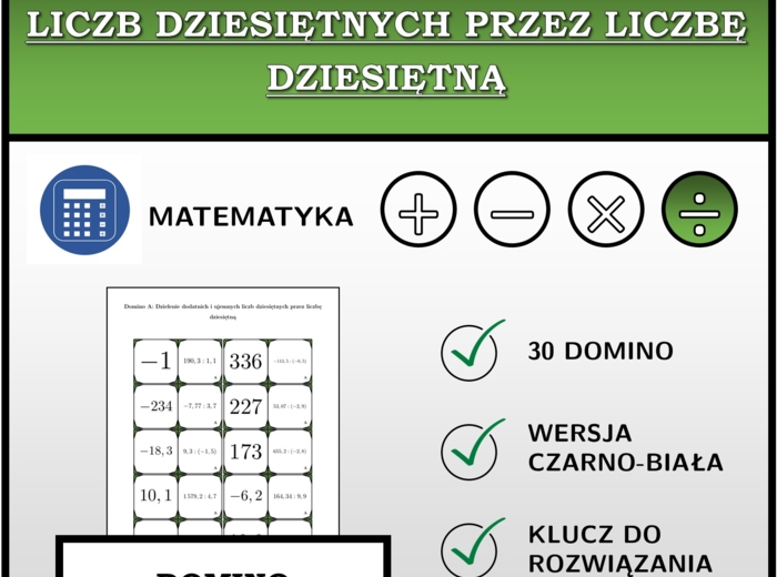 Domino - Dzielenie dodatnich i ujemnych liczb dziesiętnych przez liczbę dziesiętną | matematyka