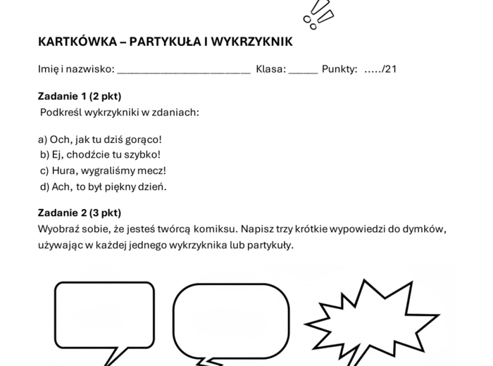 Kartkówka wykrzyknik i partykuła, klasa 6