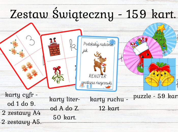 Pakiet świąteczny: karty ruchu, karty liter, karty cyfr i puzzle. Gry, zabawy, zabawy logiczne
