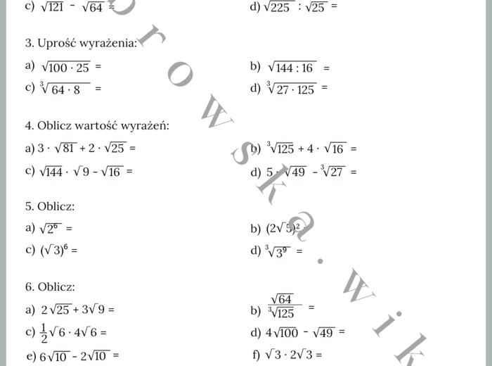 Działania na pierwiastkach - zestaw zadań